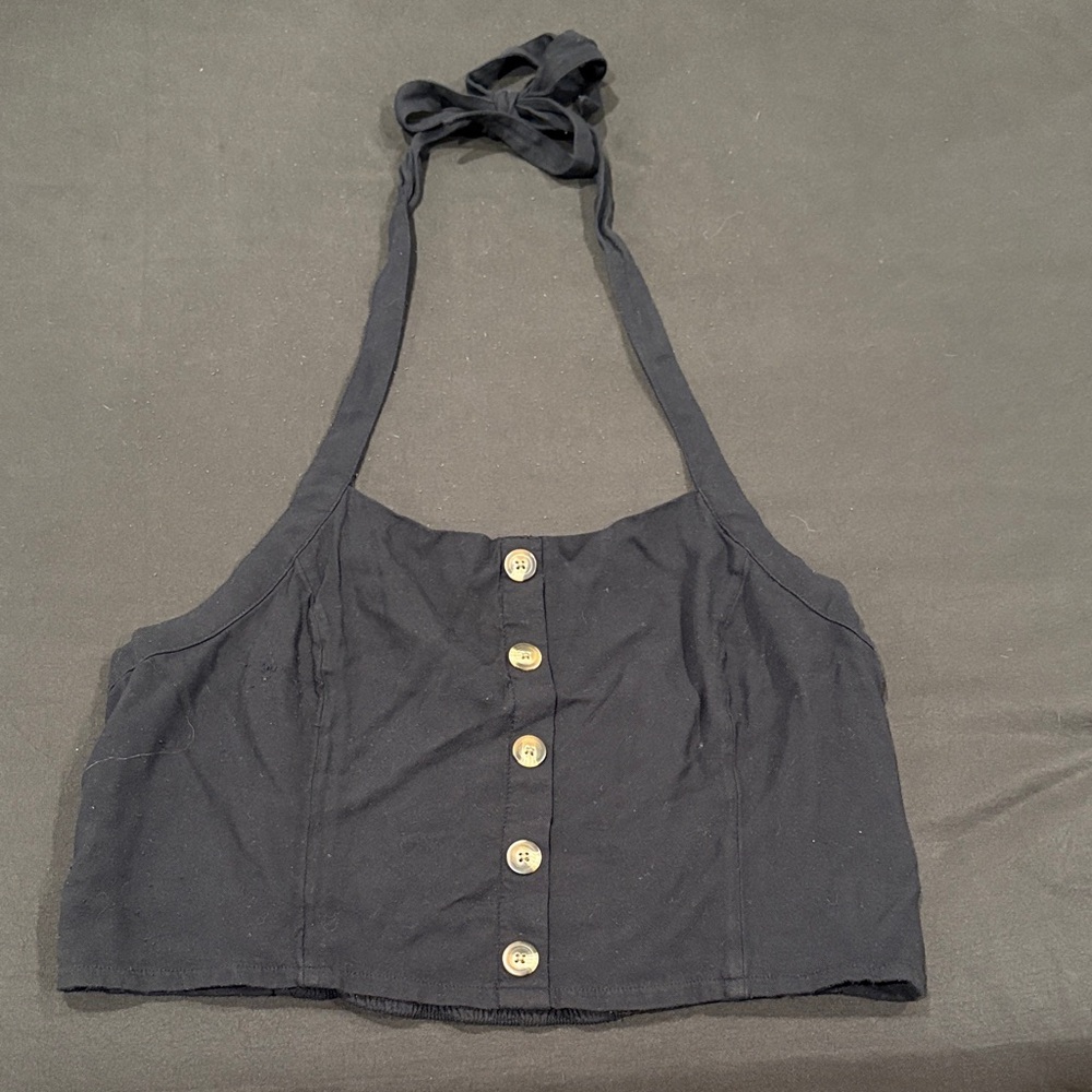 Black Halter Button-Up Crop Top